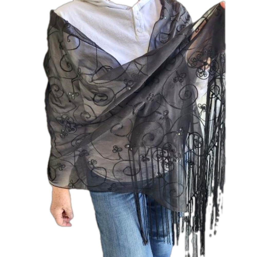 Sexy Black Embroidered/Sequined Evening Shawl